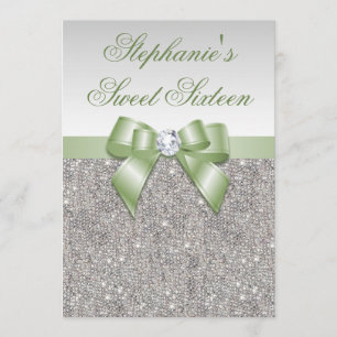 Glamorous Sweet 16 Faux Silver Sequins Green Bow Invitation