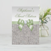 Glamorous Sweet 16 Faux Silver Sequins Green Bow Invitation (Standing Front)