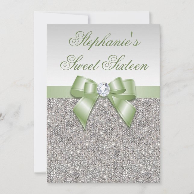 Glamorous Sweet 16 Faux Silver Sequins Green Bow Invitation (Front)