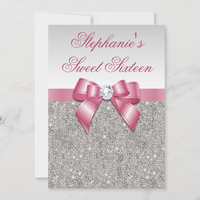 Glamorous Sweet 16 Faux Silver Sequins Pink Bow Invitation (Front)