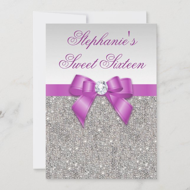 Glamorous Sweet 16 Faux Silver Sequins Purple Bow Invitation (Front)