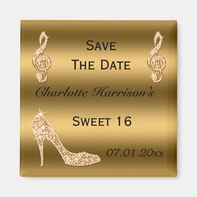Glamorous Sweet 16 Save The Date Gold Stiletto Magnet (Front)