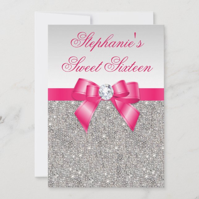 Glamorous Sweet 16 Silver Sequins Hot Pink Bow Invitation (Front)