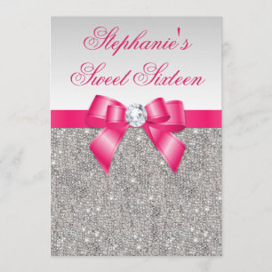 Glamorous Sweet 16 Silver Sequins Hot Pink Bow Invitation