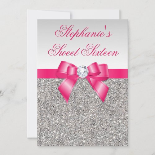 Glamorous Sweet 16 Silver Sequins Hot Pink Bow Invitation