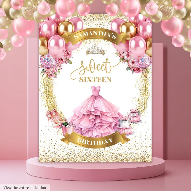 Glamorous Sweet Sixteen Backdrop Pink Dress Gold (Glamorous Sweet Sixteen Backdrop Pink Dress Gold)