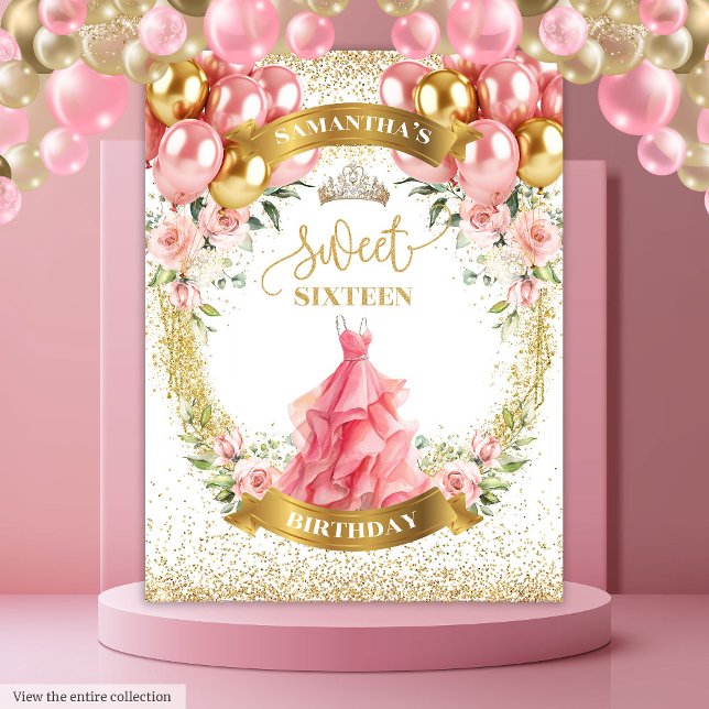 Glamorous Sweet Sixteen Banner Blush Gold Balloons Tapestry (Glamorous Sweet Sixteen Banner Blush Gold Balloons)
