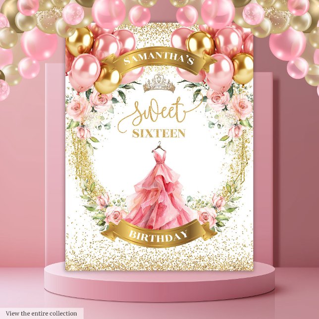 Glamorous Sweet Sixteen Banner Blush Roses Sparkle Tapestry (Glamorous Sweet Sixteen Banner Blush Roses Sparkle)