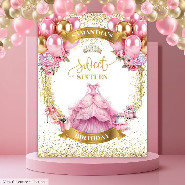 Glamorous Sweet Sixteen Banner Pink Gold Sparkles Tapestry (Glamorous Sweet Sixteen Banner Pink Gold Sparkles)