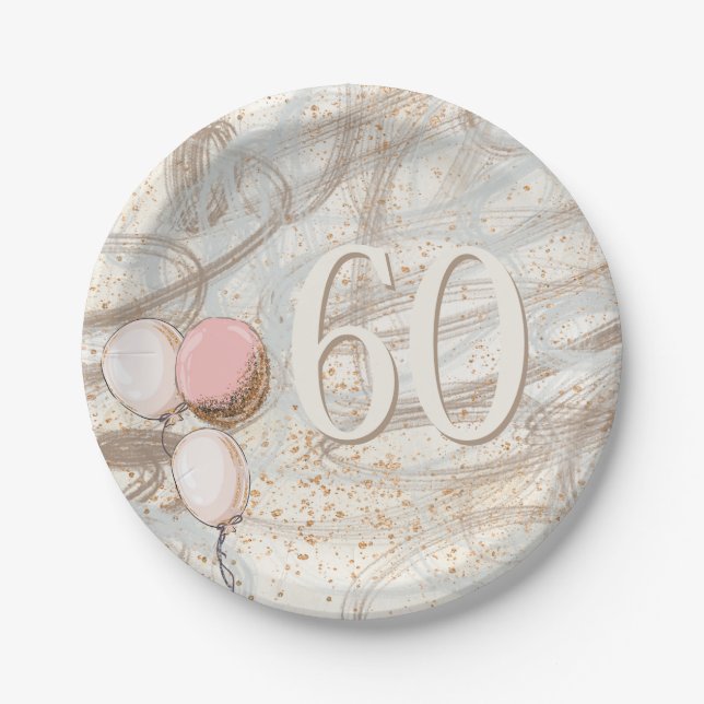 Glamorous Swirls Gold Confetti Name 60th Birthday Paper Plates (Front)