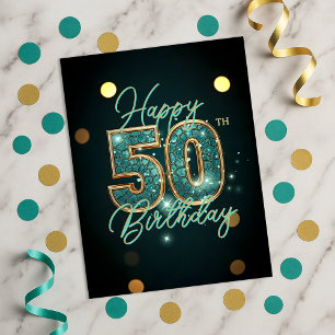 Glamorous Teal and Gold Mosaic 50th Birthday Postcard