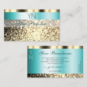 Glamorous Teal and Gold Sparkling Glitter Monogram Business Card