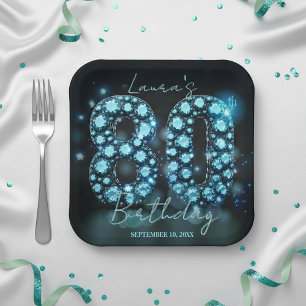 Glamorous Teal Blue Diamonds 80th Birthday Party Paper Plates