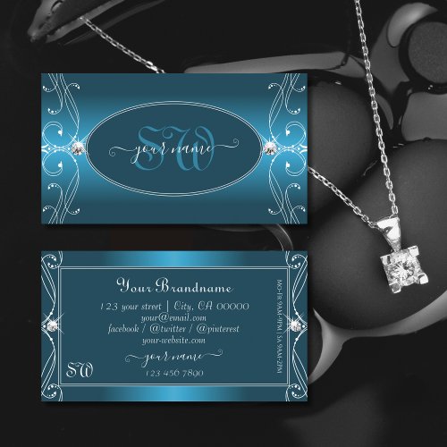 Glamorous Teal Blue Ornate Sparkle Jewels Initials Business Card