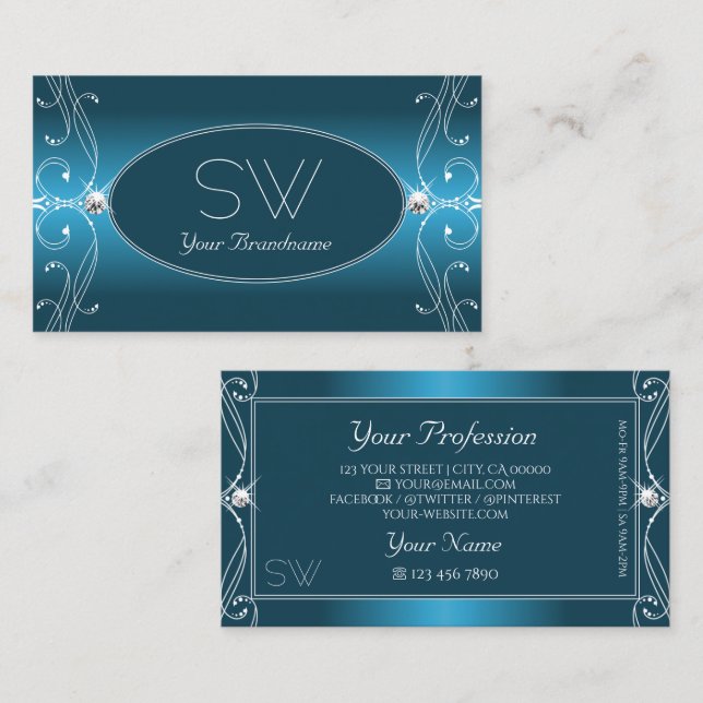 Glamorous Teal Blue Ornate Sparkle Jewels Monogram Business Card (Front/Back)