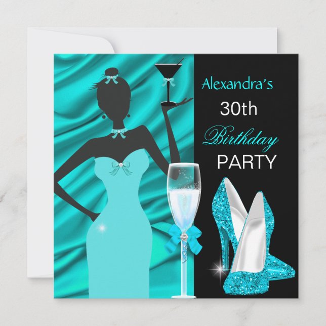 Glamorous Teal Blue Party Girl Champagne Birthday Invitation (Front)