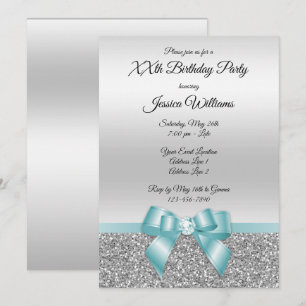 Glamorous Teal Bow & Silver Glitters Birthday Invitation