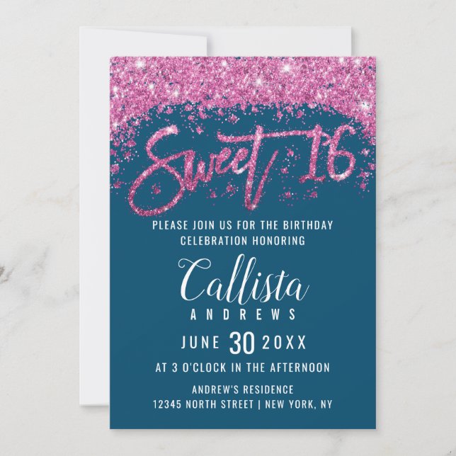 Glamorous Teal Bright Pink Glitter Dust Sweet 16 Invitation (Front)