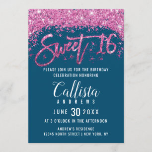 Glamorous Teal Bright Pink Glitter Dust Sweet 16 Invitation