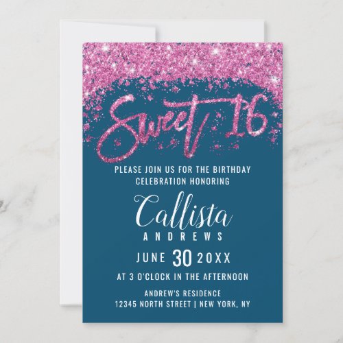 Glamorous Teal Bright Pink Glitter Dust Sweet 16 Invitation