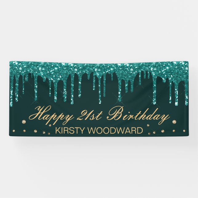 Glamorous Teal Dripping Glitter Birthday Banner (Horizontal)