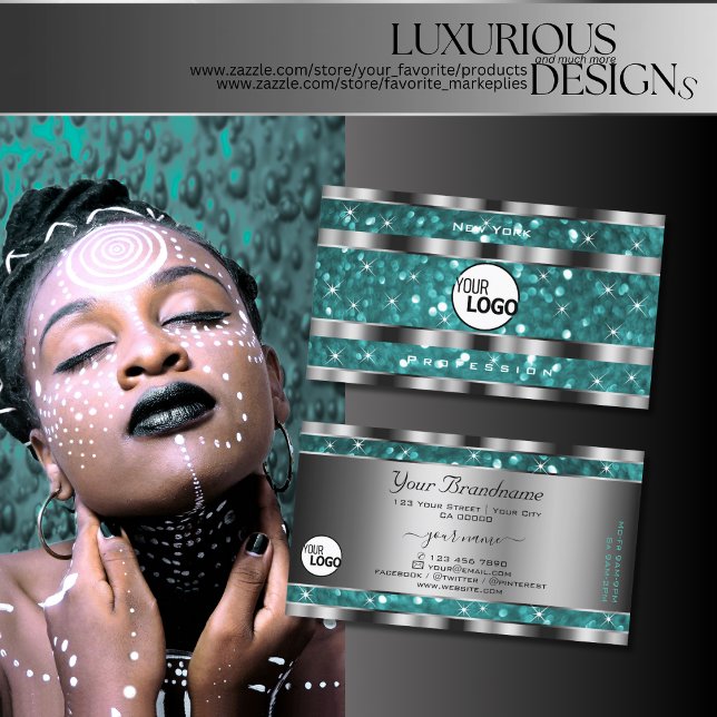 Glamorous Teal Glitter Stars add Logo Silver Decor Business Card (Creator Uploaded)
