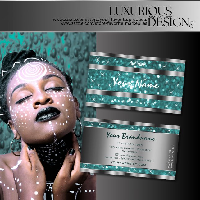 Glamorous Teal Glitter Stars Silver Decor Smart Business Card (Creator Uploaded)