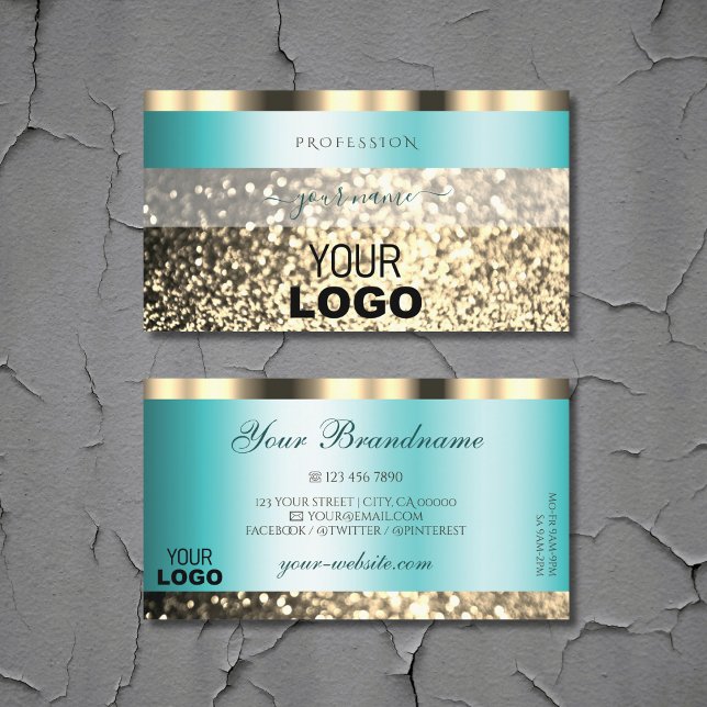 Glamorous Teal Gold Sparkling Glitter with Logo Business Card (Creator Uploaded)