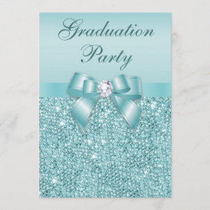 Glamorous Teal Jewels Bow Girls Graduation Party Invitation