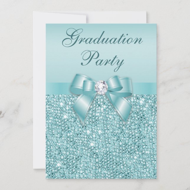 Glamorous Teal Jewels Bow Girls Graduation Party Invitation (Front)