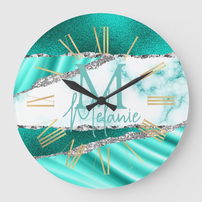 Glamorous Teal Marble & Silver Glitter Large Clock (Front)
