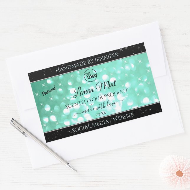 Glamorous Teal Sparkle Glitter Logo Product Labels (Envelope)