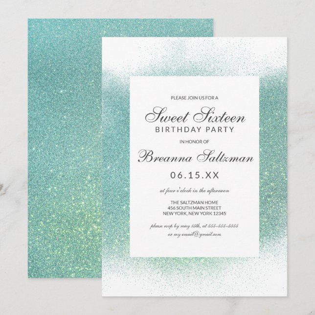 Glamorous Teal White Glitter Dust Border Sweet 16 Invitation (Front/Back)
