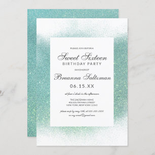 Glamorous Teal White Glitter Dust Border Sweet 16 Invitation