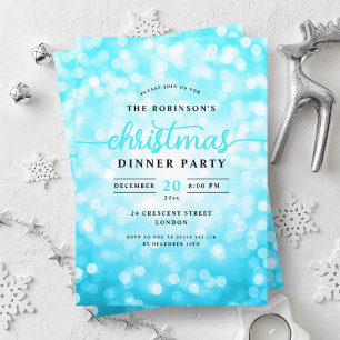 Glamorous Turquoise Lights Christmas Dinner Party Invitation