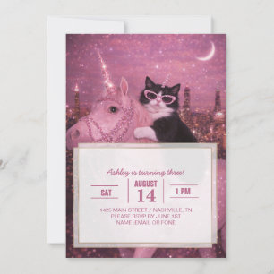 Glamorous Unicorn Cat Under Sparkling City         Invitation