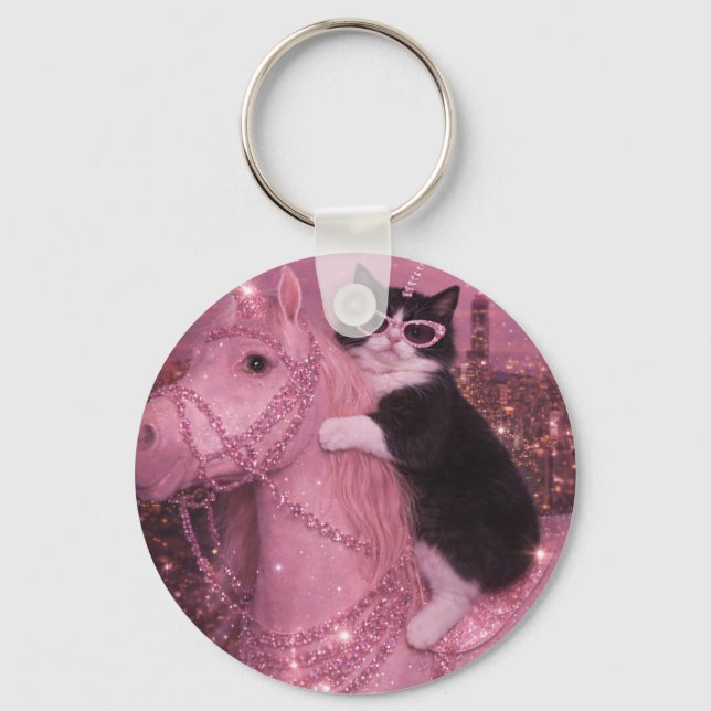 Glamorous Unicorn Cat Under Sparkling City         Keychain (Front)