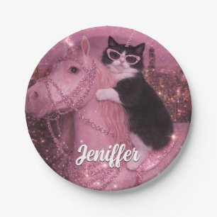 Glamorous Unicorn Cat Under Sparkling City Paper Plates
