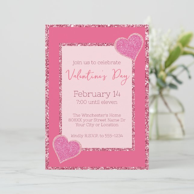 Glamorous Valentine's Day Pink Glitter Hearts Invitation (Standing Front)