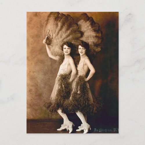 Glamorous Vaudeville Dancer Duo Vintage Feathers Postcard