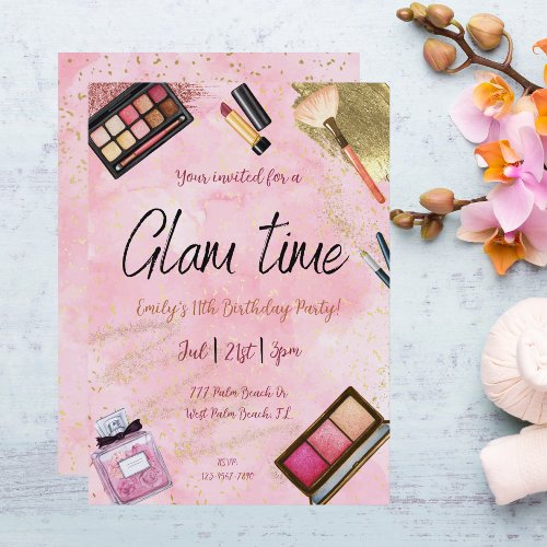 Glamorous Watercolor Makeup Tween Teen Girls Spa Invitation