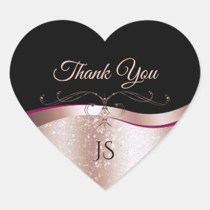 Glamorous Wavy Rose Gold Decor on Black Thank You Heart Sticker