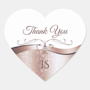 Glamorous Wavy Rose Gold Decor on White Thank You Heart Sticker