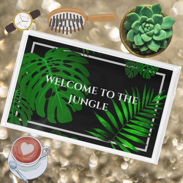 Glamorous "Welcome to the Jungle" Tropical Leaves Acrylic Tray (A fun, glamorous "Welcome to the Jungle" tray makes a great, handy accent for bedroom or bathroom.)