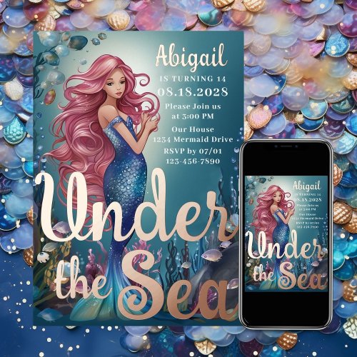 Glamorous Whimsical Mermaid Under the Sea Birthday Foil Invitation