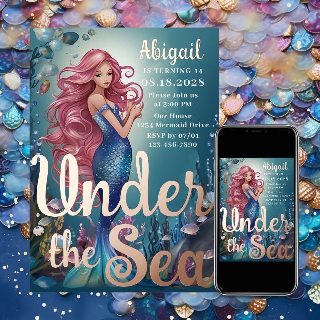Glamorous Whimsical Mermaid Under the Sea Birthday Foil Invitation (Glamorous Whimsical Mermaid Under the Sea Birthday Foil Invitation)