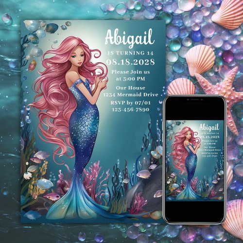 Glamorous Whimsical Mermaid Under the Sea Birthday Invitation