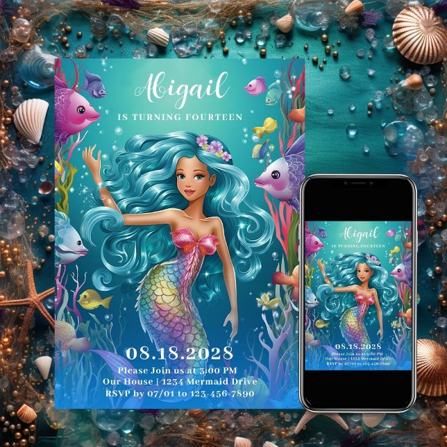 Glamorous Whimsical Mermaid Under the Sea Birthday Invitation (Glamorous Whimsical Mermaid Under the Sea Birthday Invitation)