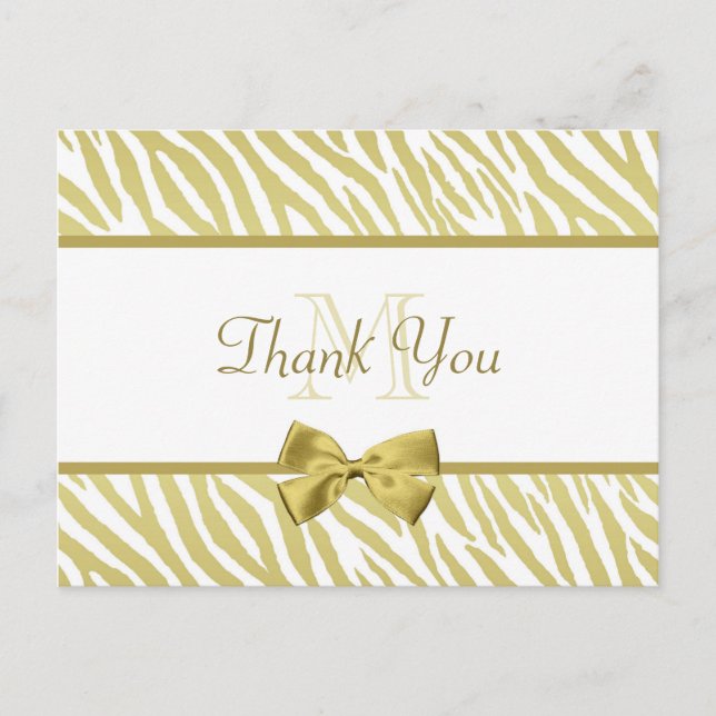 Glamorous White and Gold Zebra Print Thank You Postcard (Front)