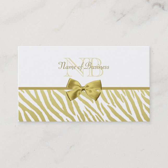 Glamorous White and Gold Zebra Print With Monogram Business Card (Front)
